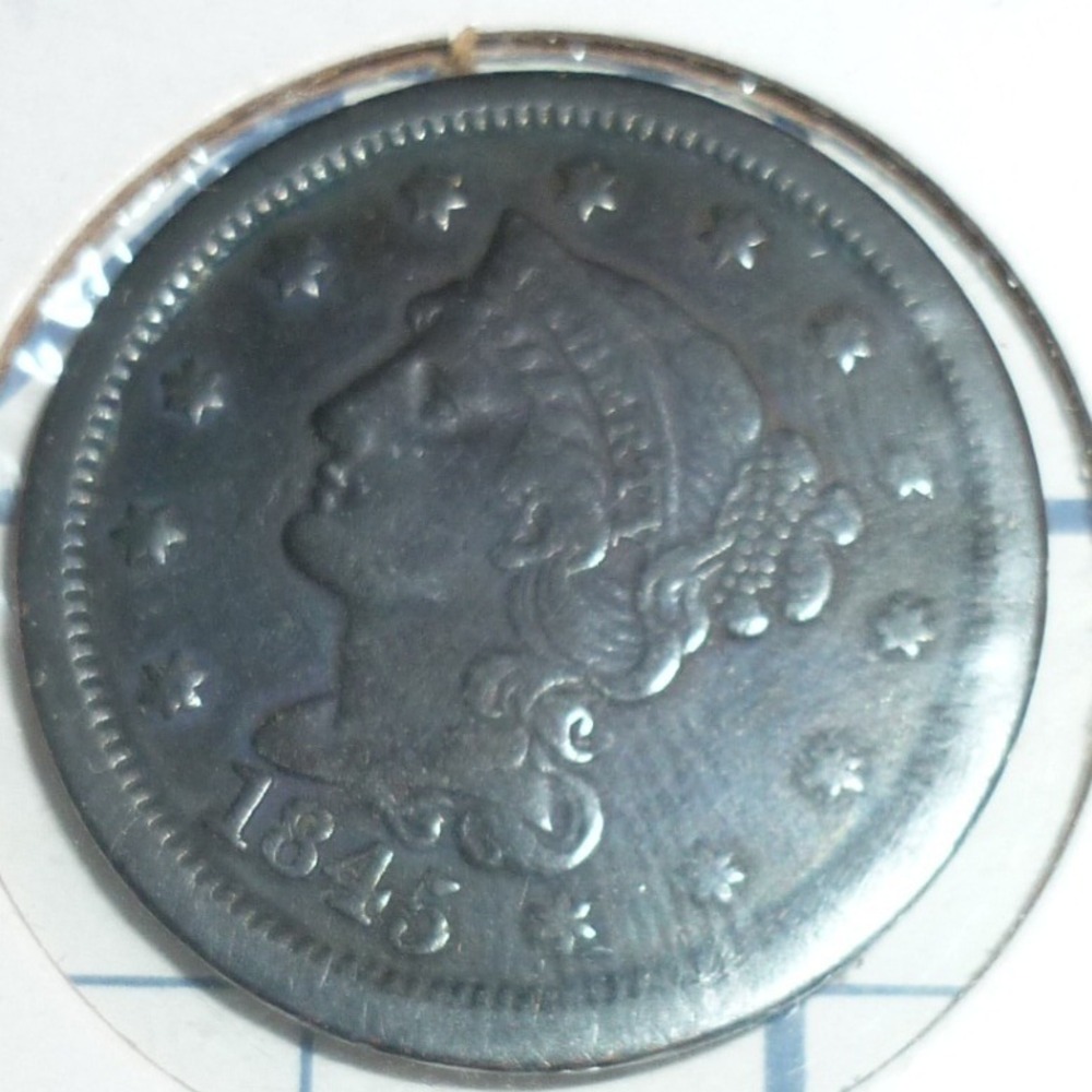 1845 Braided Hair Large‎ Cent United States One Cent Copper Coin VF Grade